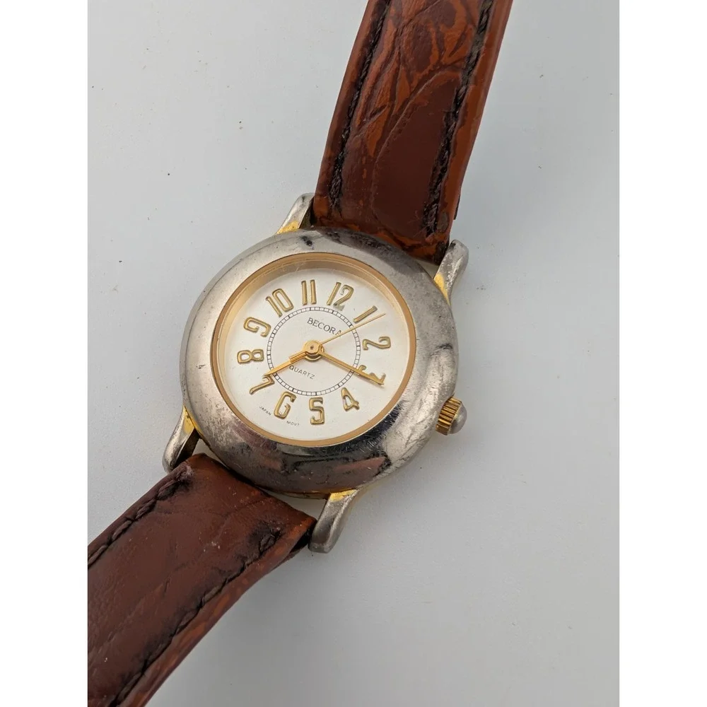 Vintage Becora Watch Women 25mm Gold Case Brown Leather Band-‎ New Battery